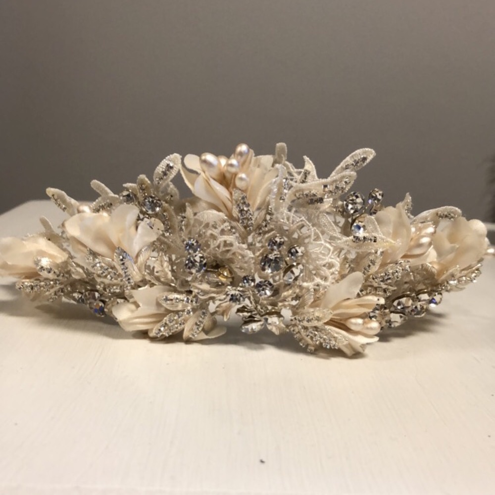 Bridal Tiara Crown - Ivory lace, flowers, & pearls